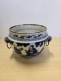 BLUE AND WHITE PORCELAIN BOWL WITH METAL HANDLES - MARKED CHINA