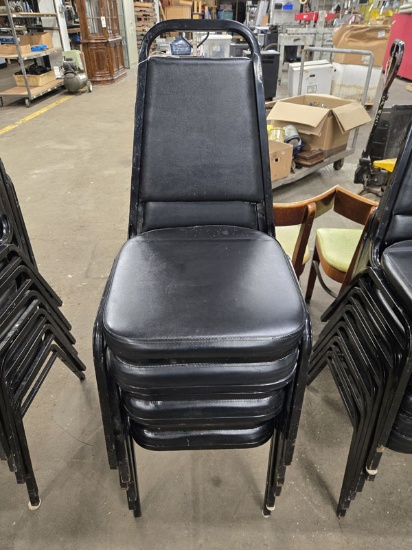 6 BLACK VINYL STACK BANQUET CHAIRS WITH METAL FRAMES