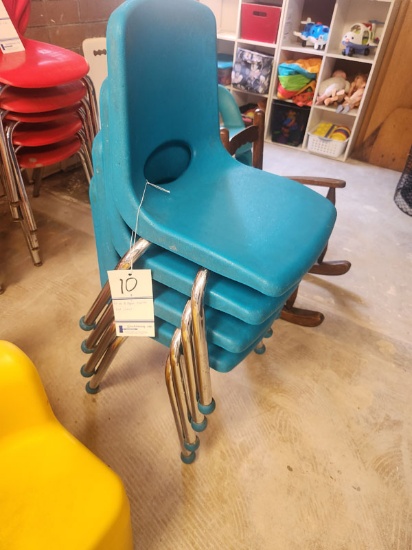 4 TEAL PLASTIC AND METAL FRAME KIDS CHAIRS