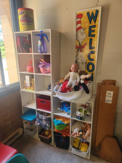 TOYS, LEGOS, DOLLS, AND MISCELLANEOUS IN 3 ORGANIZERS -(SHELFS NOT INCLUDED)