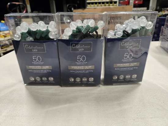 3 BOXES OF CELEBRATION INDOOR / OUTDOOR LED STRING LIGHTS - 16' - WARM WHITE GLOBE - BATTERY OPPERAT