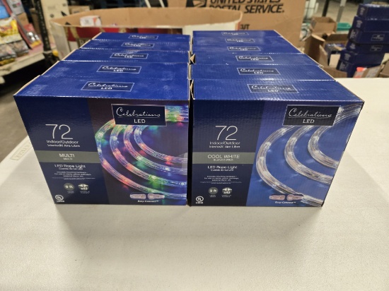 11 ASSORTED 9' ROPE LIGHTS - CELEBRATION LED 72 INDOOR / OUTDOOR COOL WHITE AND MULTI COLOR (8 COLOR