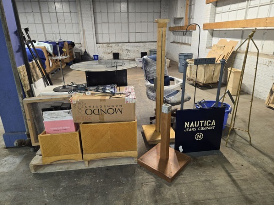 SKID OF WOOD STORAGE BINS AND METAL FLOWER BASE DÉCOR