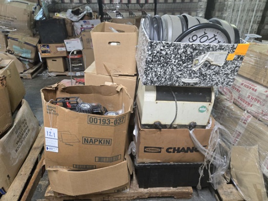 SKID OF MISCELLANEOUS - TOYS, HOUSEHOD, TRASH BINS, CORNER SHELF, AND MORE