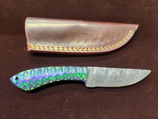 DAMASCUS STEEL 4" FIXED BLADE KNIFE WITH SHEATH