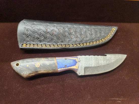 DAMASCUS STEEL 4" FIXED BLADE KNIFE WITH SHEATH