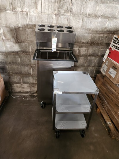 STAINLESS STEEL CAFETERIA TRAY AND UTENSIL CART AND 3 TIER CART