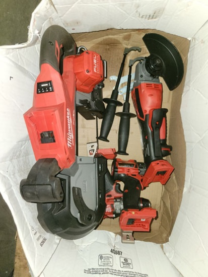 SET OF MILWAUKEE FUEL POWER TOOLS (2) HAMMER DRILLS, GRINDER, BANDSAW
