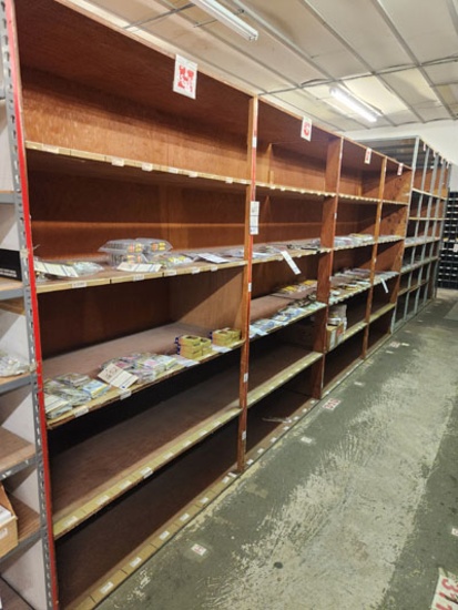 4 SECTION OF DOUBLE SIDED WOODEN SHELVING 48 X 24 X 82 (EA) &