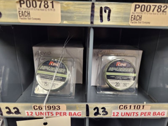 12 PACKS OF P-LINE HP-LEADER COPOLYMER FISHING LINE, 15 AND 20 LB., 50 YDS