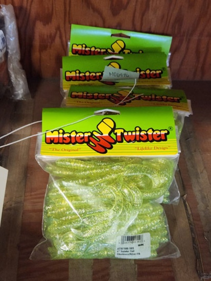 4 PACKS OF MISTER TWISTER 4" TWISTER TAIL CHARTREUSE SILVER FLK
