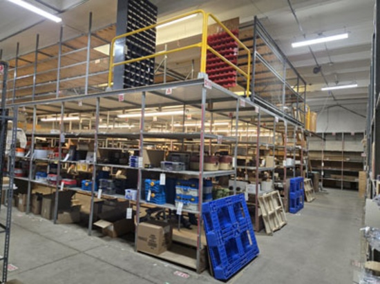 1 32' X 35' X 8' 10 NEZENINE - 5 ROWS OF METAL WELDED SHELVING, STAIRCASE, PARTS SLIDE, 3 YELLOW ...