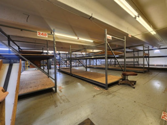 1 - 8'X4'X6' (12) AND 4'X4'X7' (3) METAL FRAME WOOD SHELVING UNITS