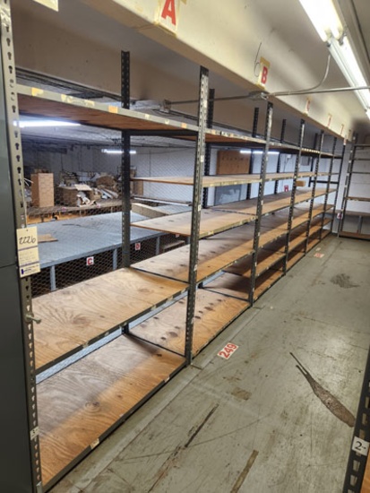 1- 4'X2'X7' (6) AND 36.5"X 18"X7' (6) METAL FRAME WOOD SHELVING UNITS