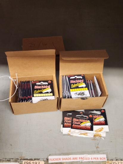 79 PACKS OF ASSORTED BLACKBIRD SABERTOOTH HOOKS SIZE 12,16 & BLACKBIRD STEELHEAD FLOATS