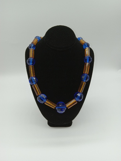 Amber and Blue Lucite Like Bead Necklace