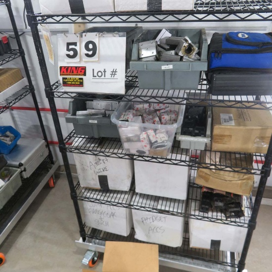 Rack w/Contents:  Hot Knife, Dremel Tool Kit, Linear Bearing Blocks, Circui
