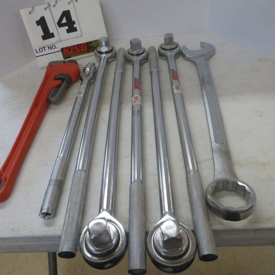 (5) 1" Drive Ratchets, 3/4 Breaker Bar, 2" Combination Wrench, 24" Pipe Wrench