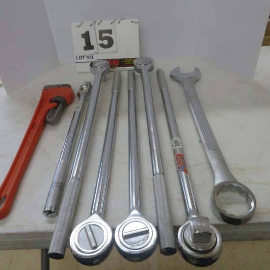 (5) 1" Drive Ratchets, 3/4 Breaker Bar, 2" Combination Wrench, 24" Pipe Wrench