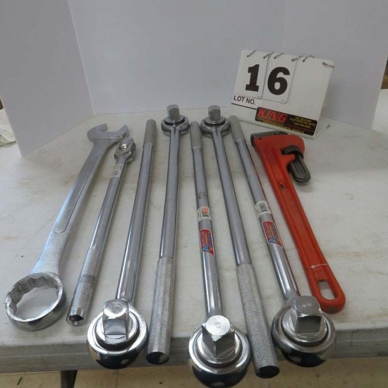 (5) 1" Drive Ratchets, 3/4 Breaker Bar, 2" Combination Wrench, 24" Pipe Wrench