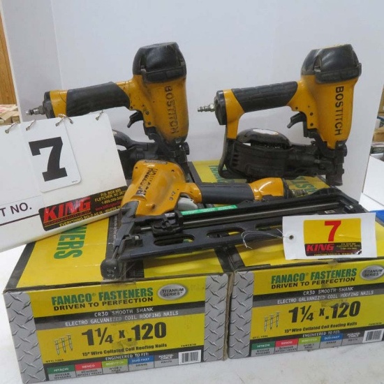 (2) Bostich Coil Nailers, Bostich Finish Nailer, (2) Boxes of 1/4 x 120 Coil Roofing Nails