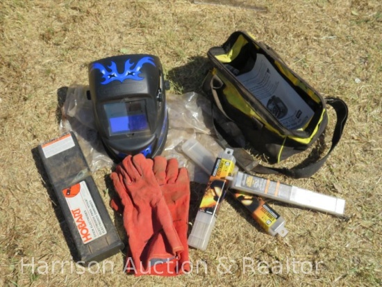 Assortment of Welding Accessories, Welding Rods, Helmet, Gloves