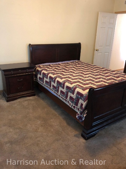 Beautiful Wood sleigh Queen headboard, footboard, bed frame with night stand