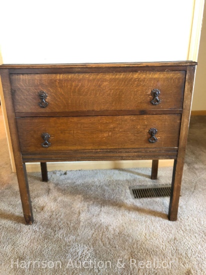 Solid wood two drawer end table with antique drawer pull