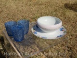 3 Blue Hobnail Glasses, Gravy Boat