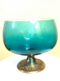 LARGE GORHAM STERLING AQUAMARINE TURQUOISE GLASS COMPOTE