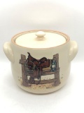HOME AND GARDEN STONEWARE LIDDED POT WITH TWO HANDLES.