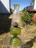 Vintage P&A Risdon Mfg Co Green Glass Hurricane Lamp With Org Beaded.Glass Top.18 1/2 