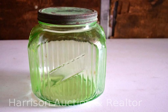 Green uranium Hocking Depression Glass Cookie Jar with tin lid