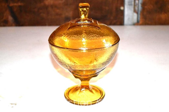 Jeannette Glass Yellow Amber Textured Dimpled Candy Dish with Lid 241B