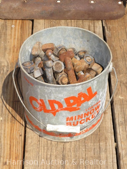 Old Pal minnow bucket with assortment of bolts