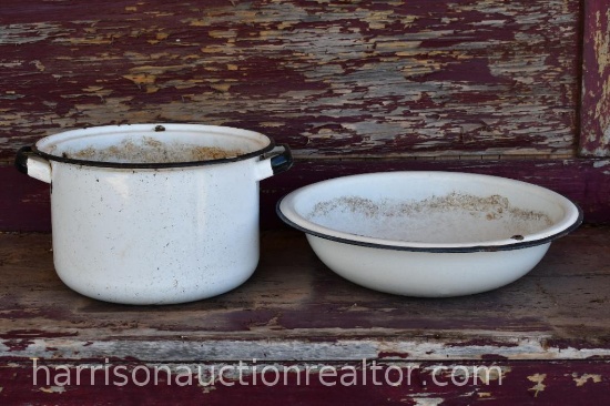 two white and black enamel ware
