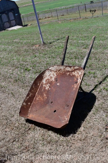 Metal wheel barrel with wooden handles
