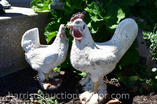 2 white chicken garden statues