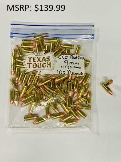 100 Rounds 9mm Brass Ammo
