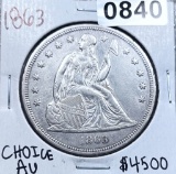 1863 Seated Liberty Dollar CHOICE AU