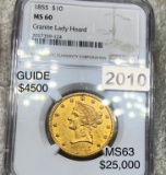 1855 $10 Gold Eagle NGC - MS60