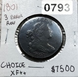1801 Draped Bust Large Cent CH XF++ 3 ERROR REV