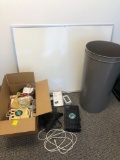 Lot of miscellaneous items ( trash cans, dry erase board, electronic parts)