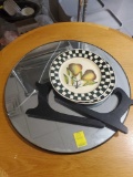 broken mirror and 2 decorative plates with stands