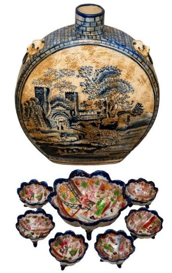 Vintage Japanse Porcelain Hand Painted Footed Nut Bowls & Vase, Kirk Steiff Pewter, Mastad Norway