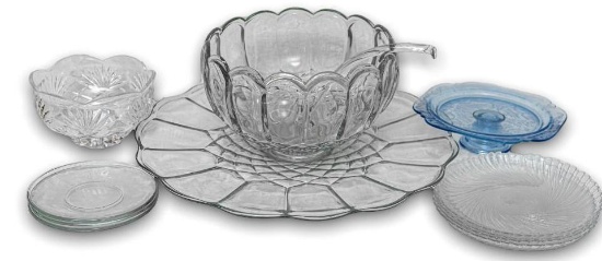 L.E. Smith Dominion Clear Glass Punch Set, Madrid Blue Depression Glass, Crystal, Buffet Server
