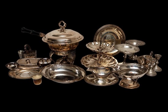 Assorted Silver and Silver-Plated Lot with Towle Sterling, Rogers Sterling, Reed & Barton, Crystal
