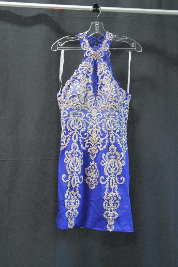 Jovani Cobalt Blue Halter Cocktail Dress With Sequins Size: 12