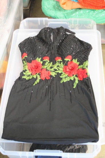 Rachael Allan Black Beaded Cocktail Dress With Red Rose Appliques Size: 12