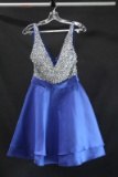 Jovani Blue Cocktail Dress With Silver Beaded Bodice Size: 8